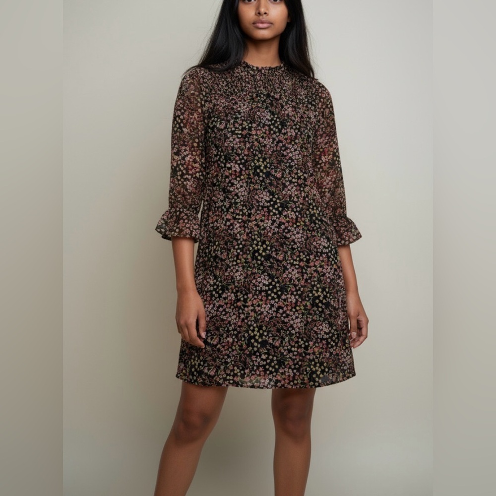 Mesh Floral Dress Womens Small Black Sheer 3/4 Sleeve Flower Print Knee Length
